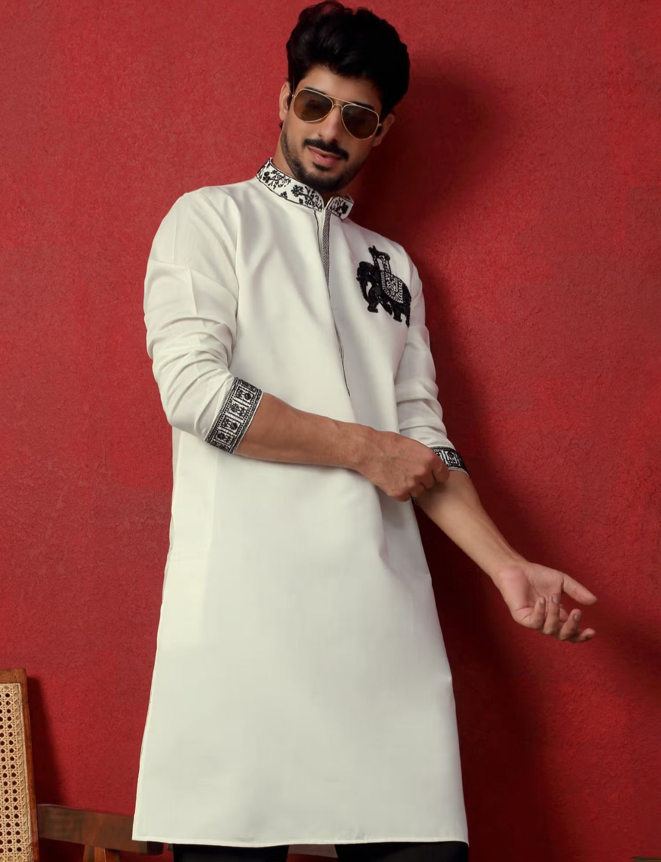 Men's Cotton Silk Beads Work Animal Motifs Cream Kurta with Pant in Berlin