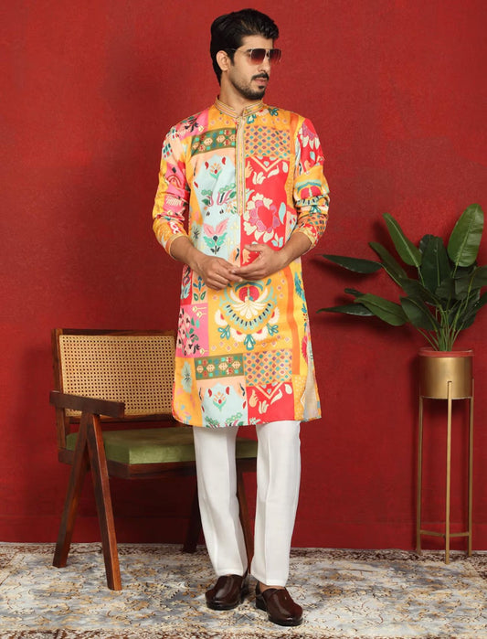 Men's Mustard Cotton Silk Floral Kurta With Pant in Germany
