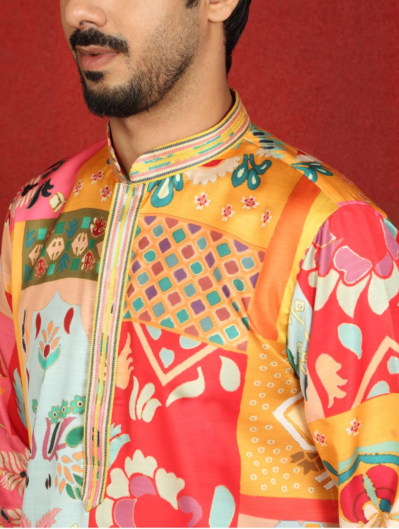 Men's Mustard Cotton Silk Floral Kurta With Pant in Germany