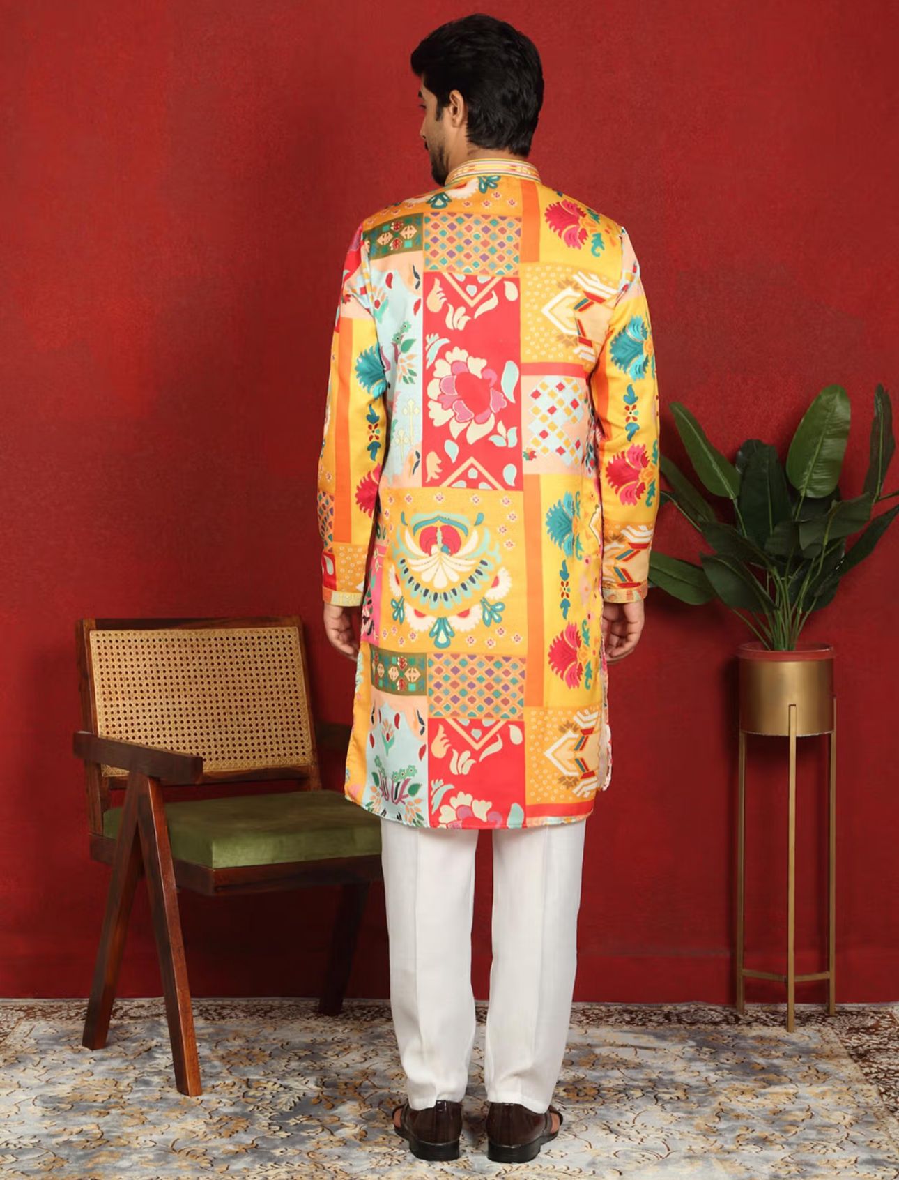 Men's Mustard Cotton Silk Floral Kurta With Pant in Germany