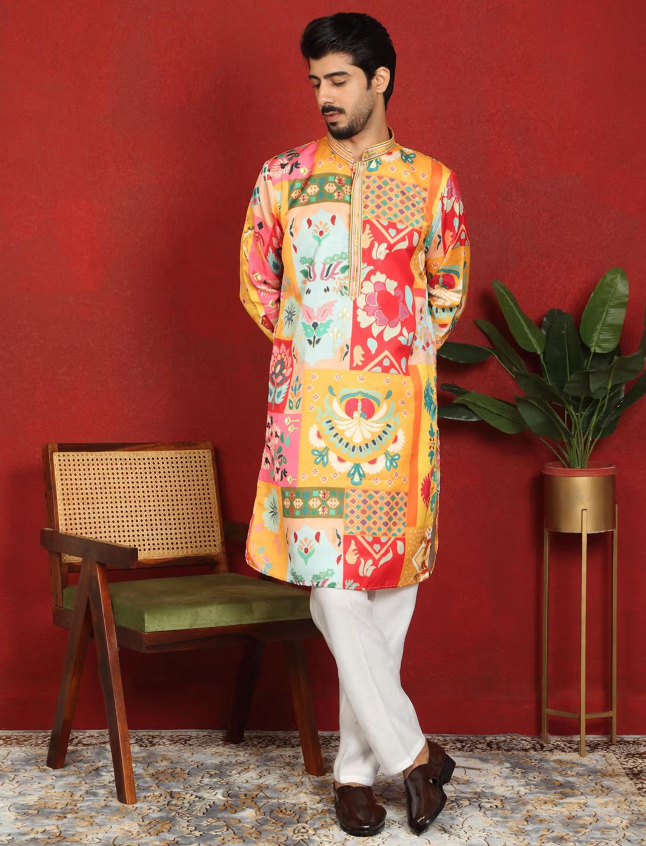 Men's Mustard Cotton Silk Floral Kurta With Pant in Germany