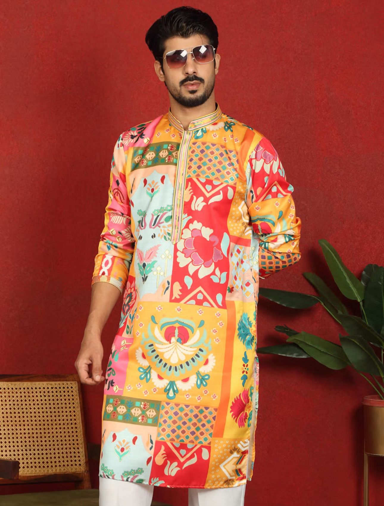 Men's Mustard Cotton Silk Floral Kurta With Pant in Germany