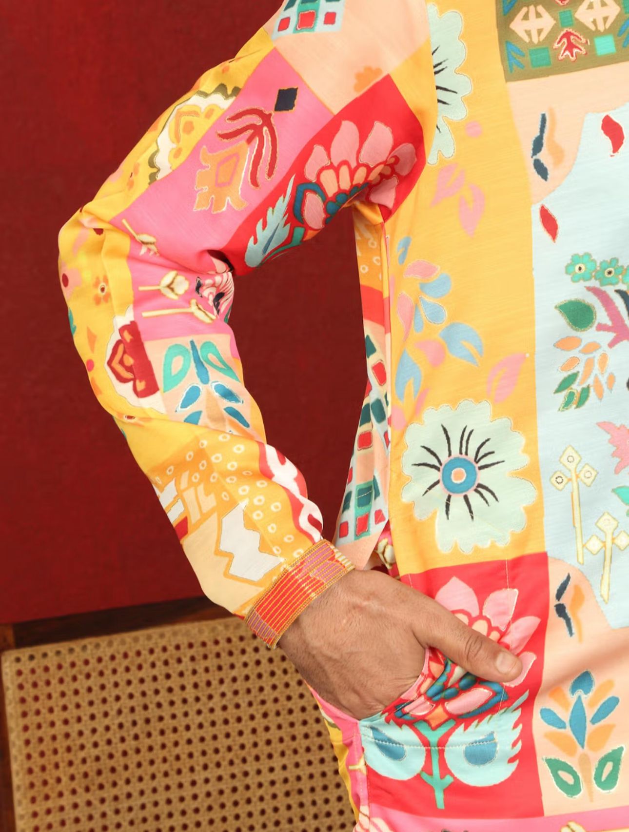 Men's Mustard Cotton Silk Floral Kurta With Pant in Germany