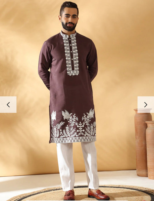 Cotton Silk Embroidered Sequin Work Kurta With Cotton Silk White Trouser Pant set in Germany