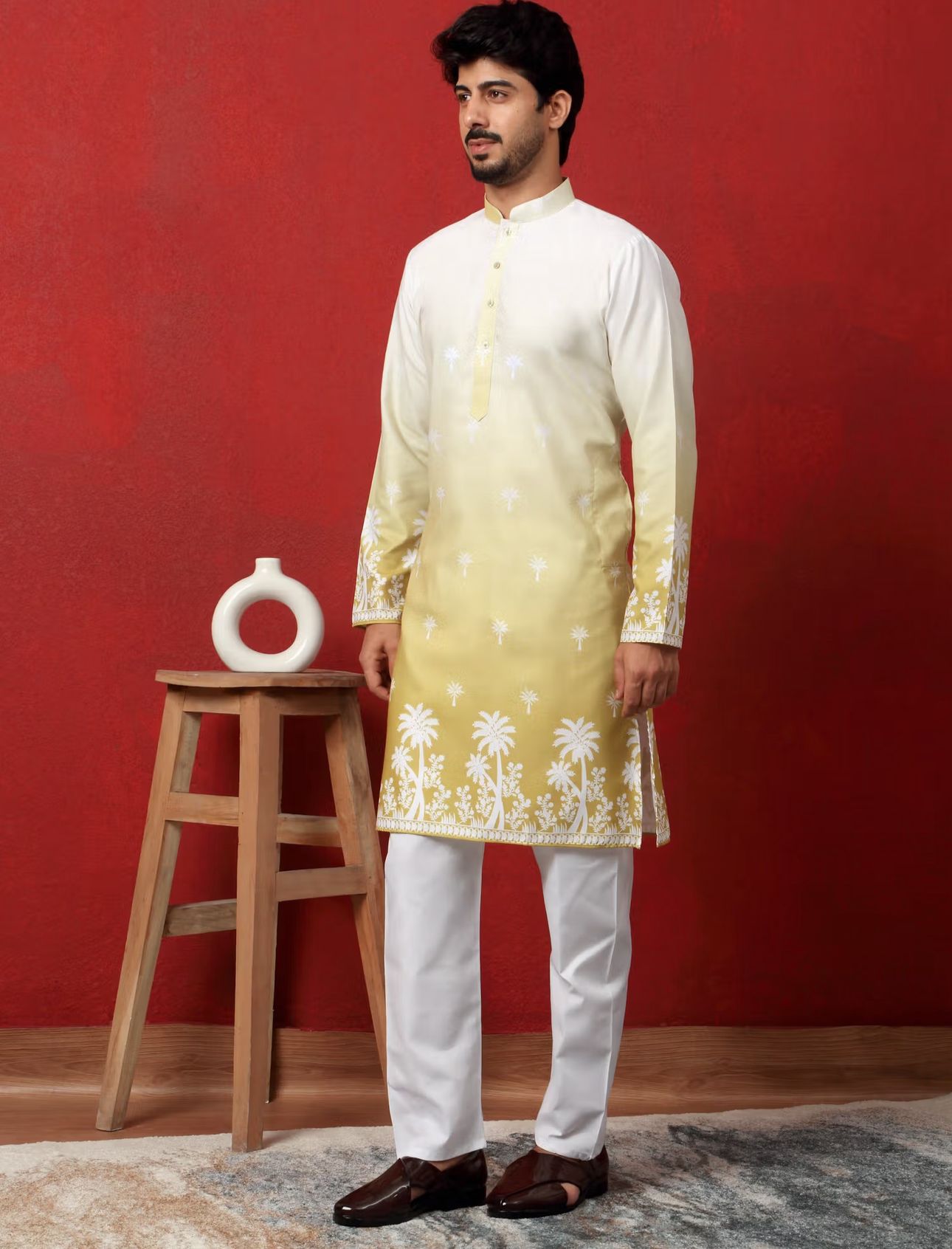 Cotton Blend Printed Olive Kurta and Pyjama in Germany