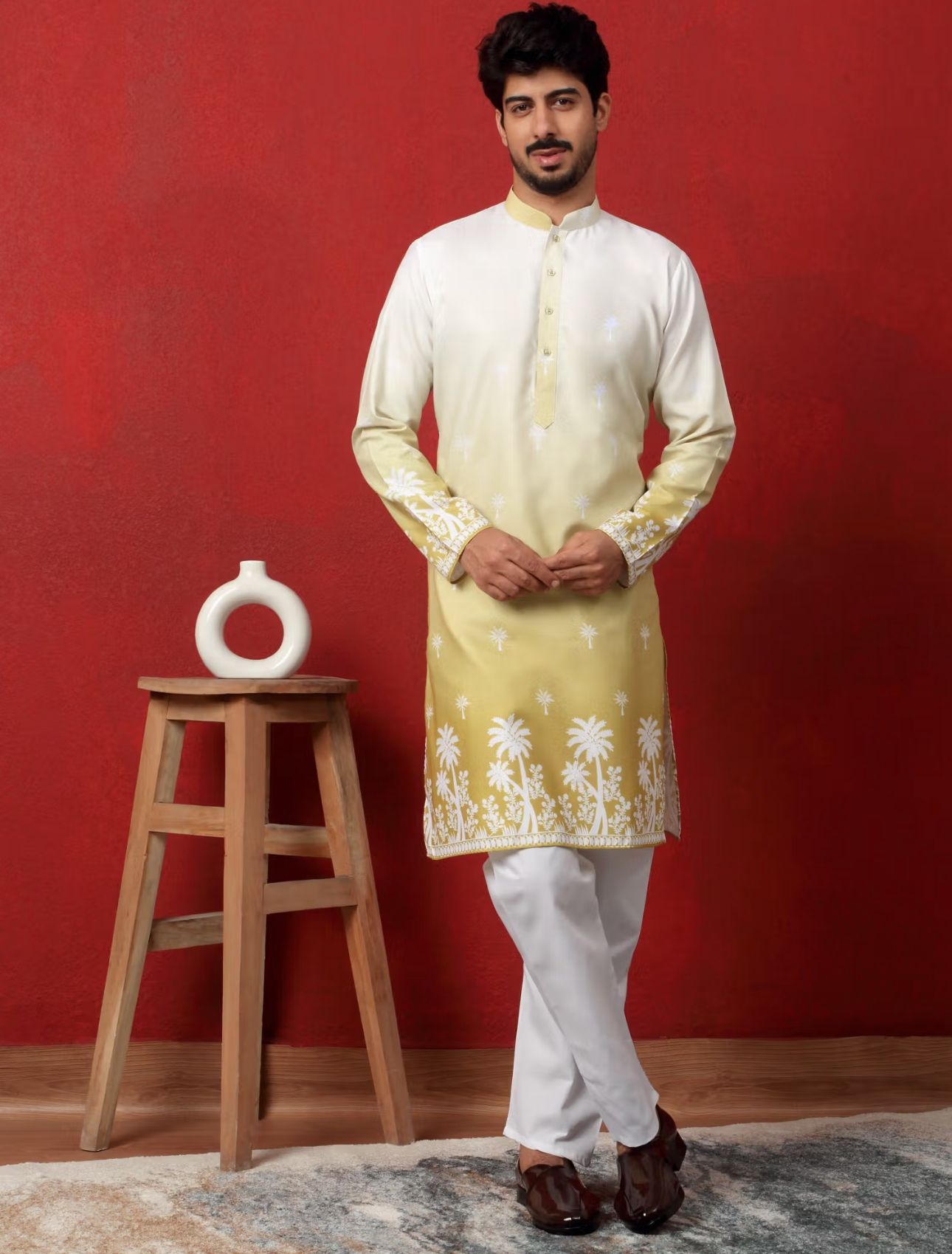 Cotton Blend Printed Olive Kurta and Pyjama in Germany