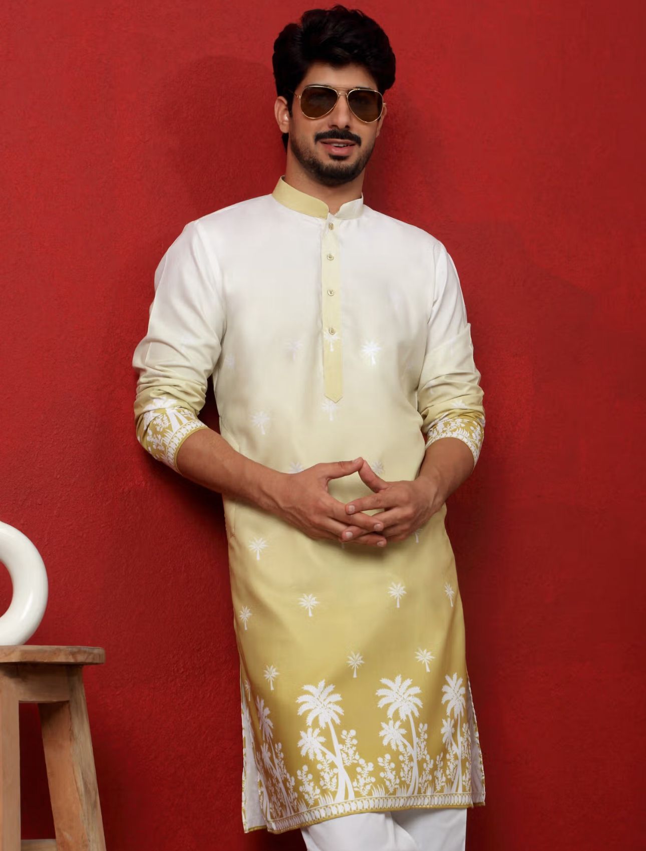 Cotton Blend Printed Olive Kurta and Pyjama in Germany