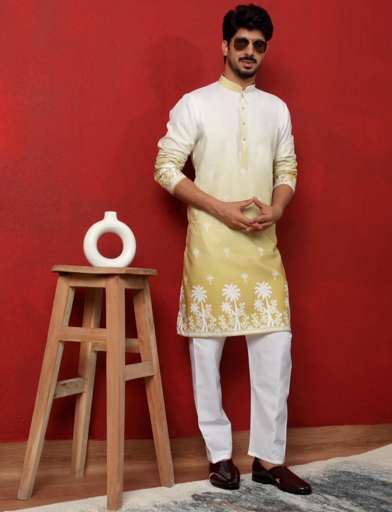 Cotton Blend Printed Olive Kurta and Pyjama in Germany