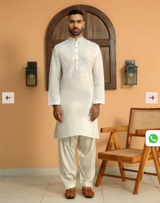 Cotton Silk Sequined Embroidered Yoke Design Cream Kurta With Cream Salwar in Germany