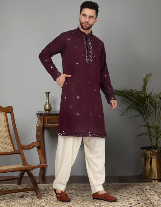 Men'S Purple Cotton Silk Sequin Worked Kurta and Pyjama in Germany