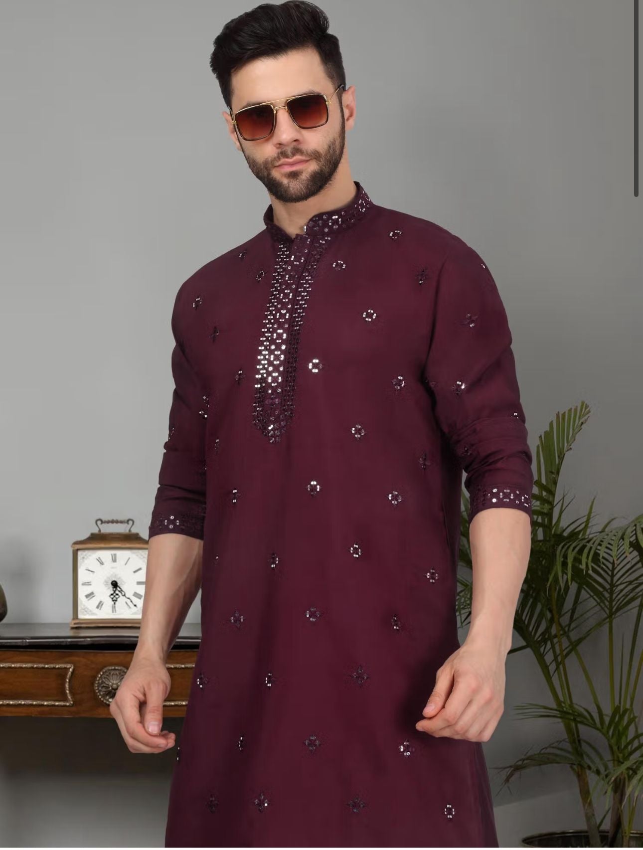 Men'S Purple Cotton Silk Sequin Worked Kurta and Pyjama in Germany