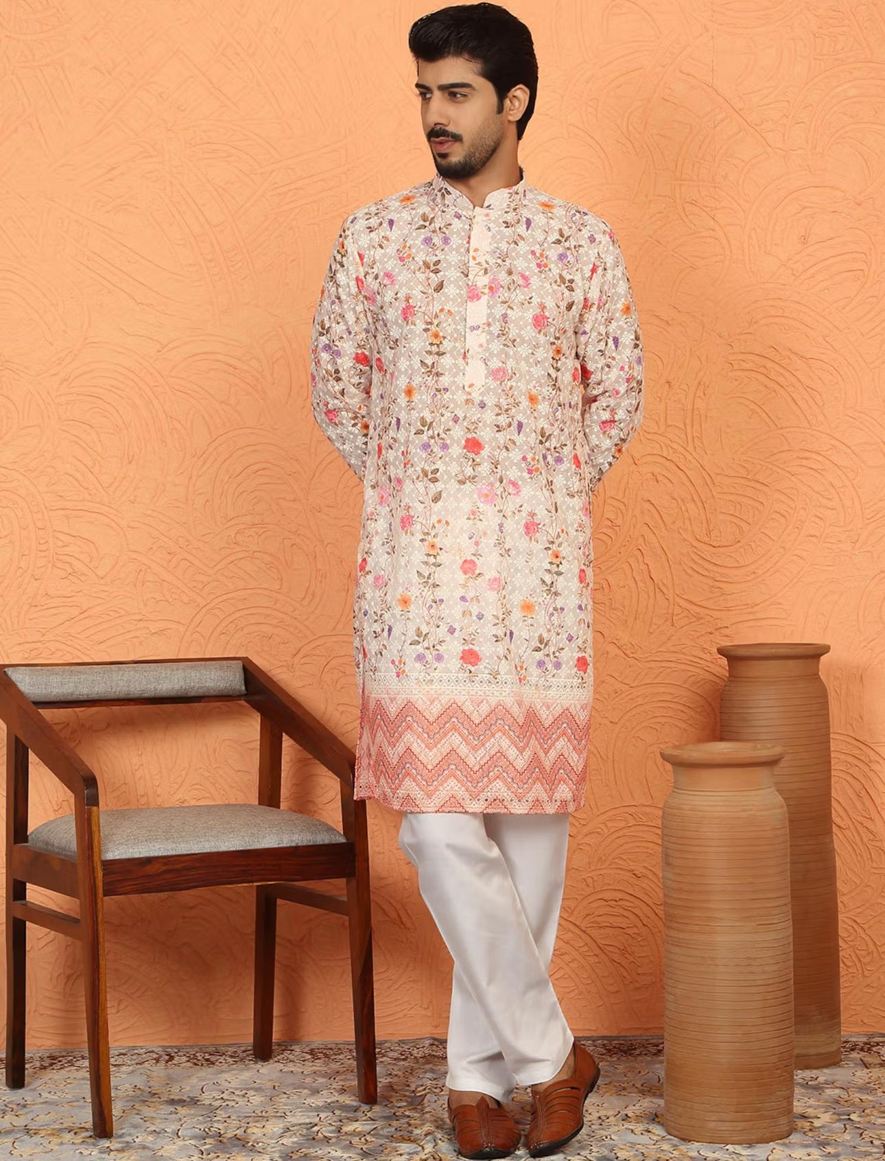 Beige Cotton Floral Kurta with Pyjama in Germany