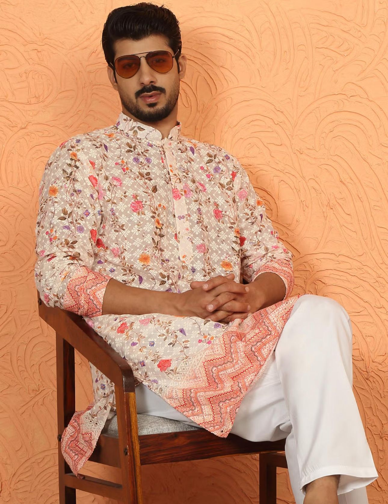 Beige Cotton Floral Kurta with Pyjama in Germany