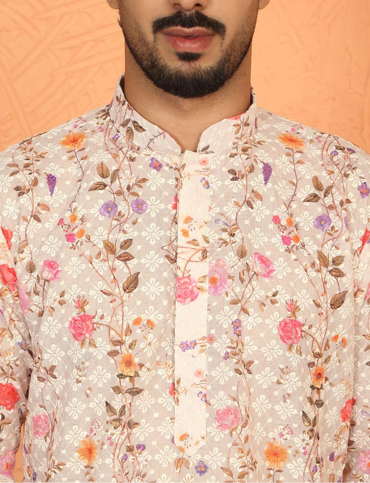 Beige Cotton Floral Kurta with Pyjama in Germany