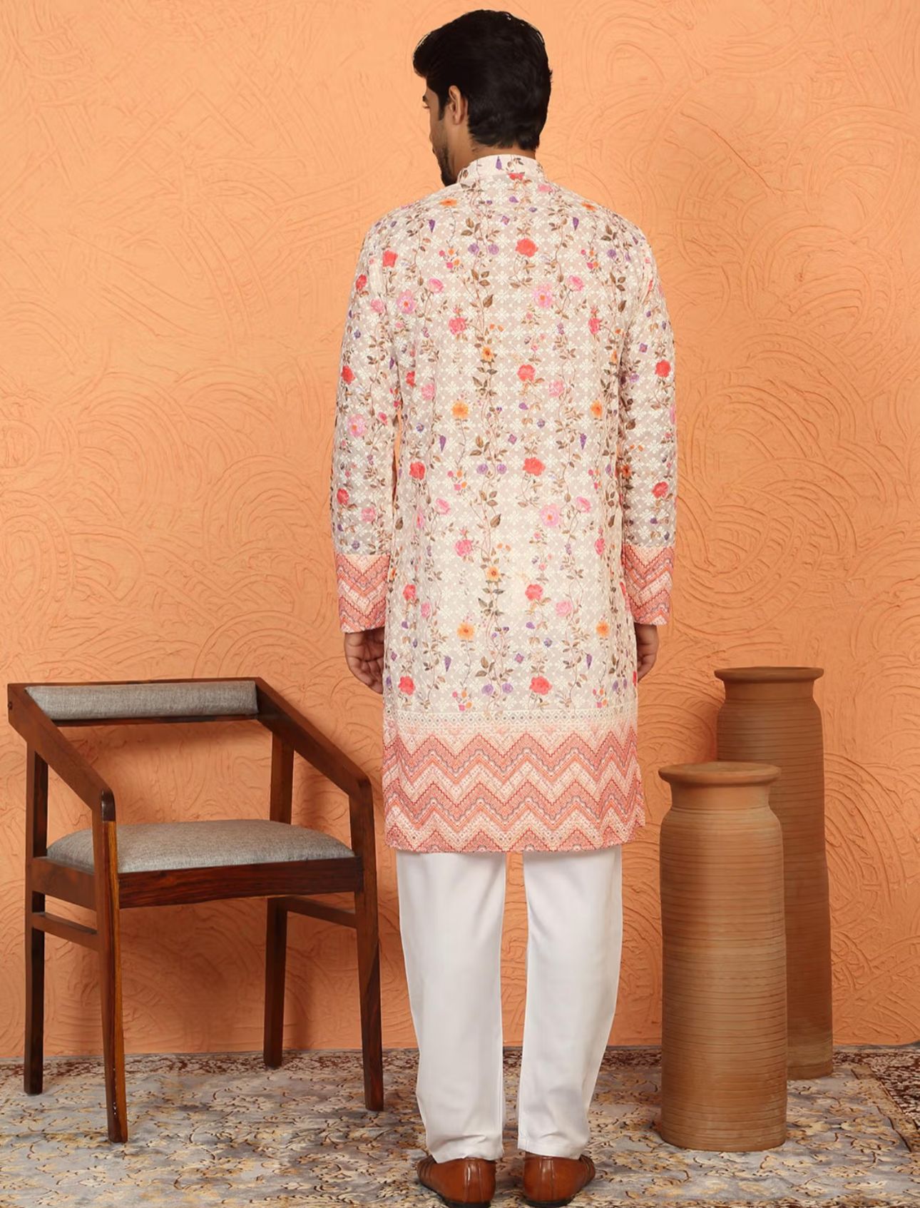 Beige Cotton Floral Kurta with Pyjama in Germany