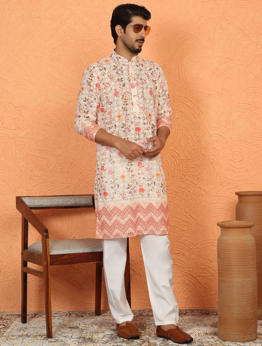 Beige Cotton Floral Kurta with Pyjama in Germany