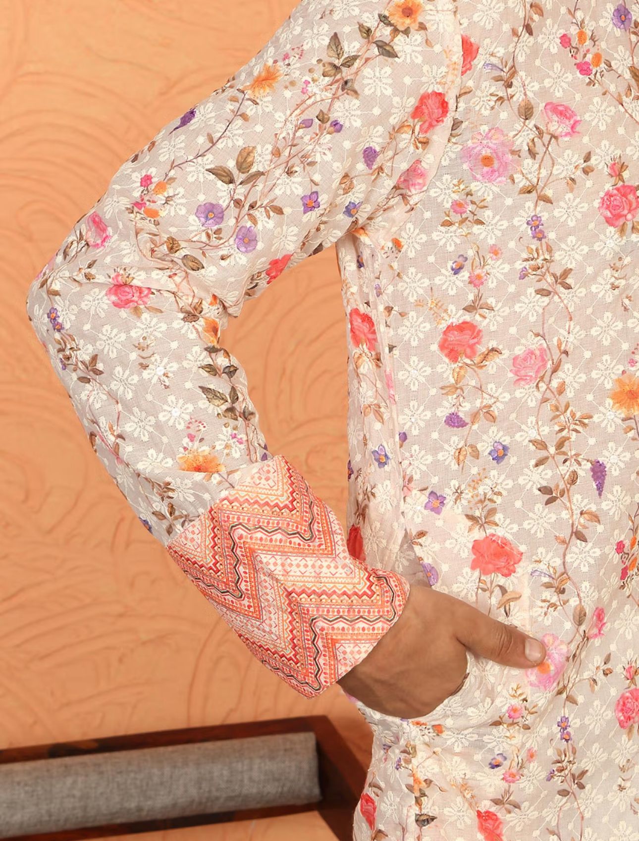 Beige Cotton Floral Kurta with Pyjama in Germany