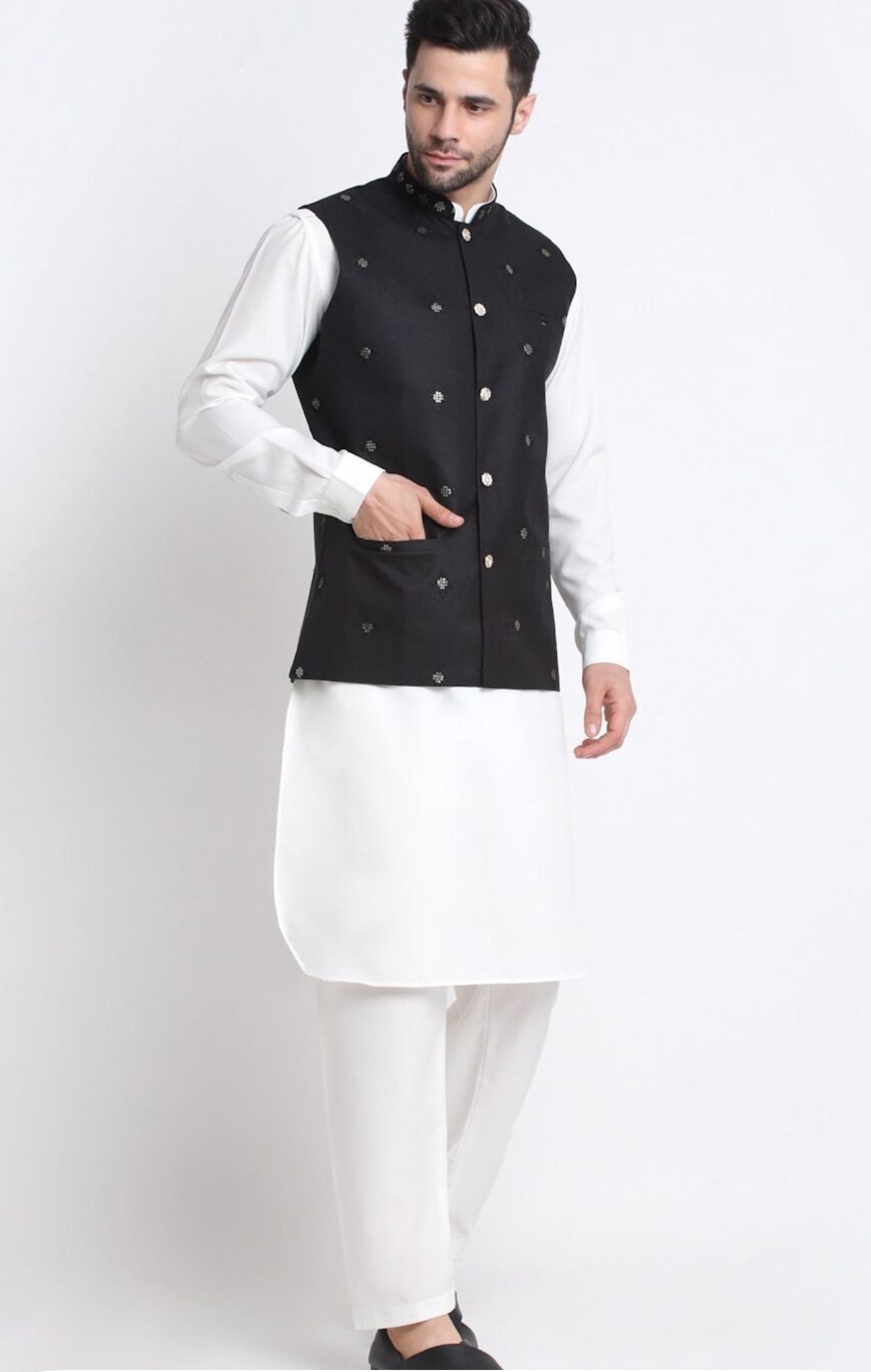 Mandarin Collar Pathani Kurta with Pyjamas & Nehru Jacket in Germany