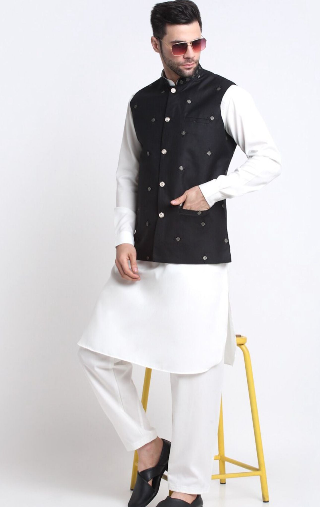 Mandarin Collar Pathani Kurta with Pyjamas & Nehru Jacket in Germany