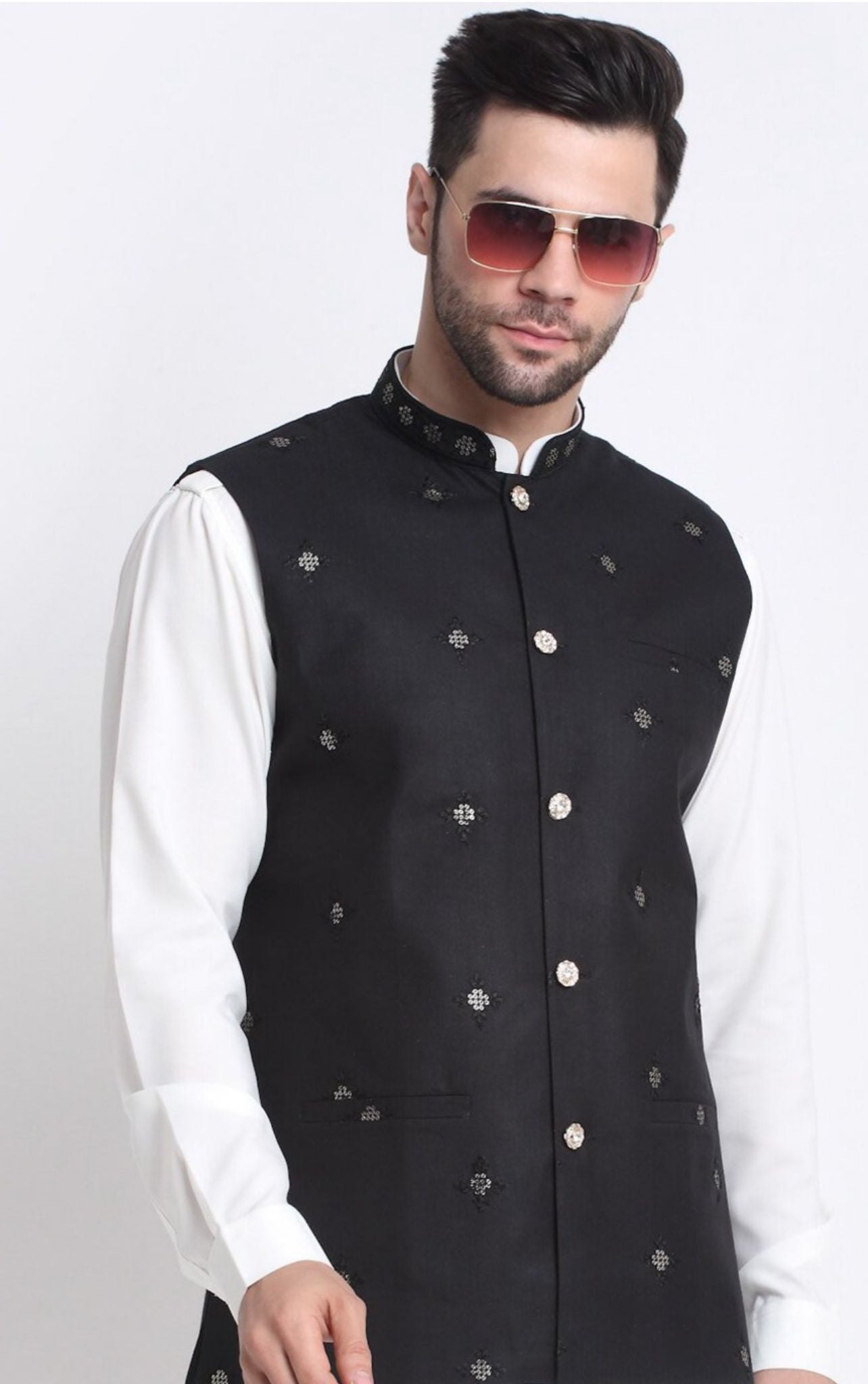 Mandarin Collar Pathani Kurta with Pyjamas & Nehru Jacket in Germany