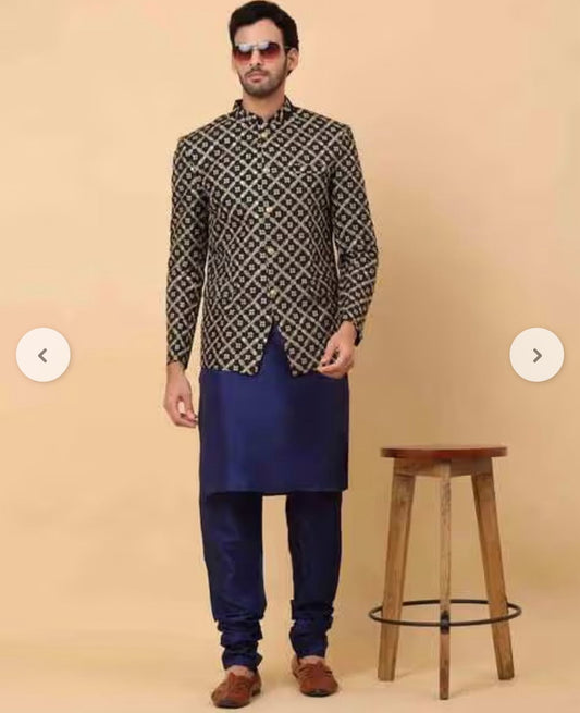 Men's Silk Navy Blue Kurta Churidar With Embroidered Zari Bandhgala Suit/Coat in Berlin