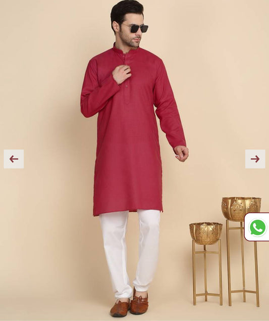 Cotton Blend Solid Denim Red Kurta With Pyjamas in Germany