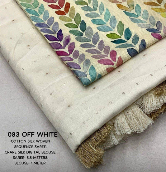 Ivory Off White Soft Cotton Linen Sequence Saree with Crape Printed Blouse in Germany