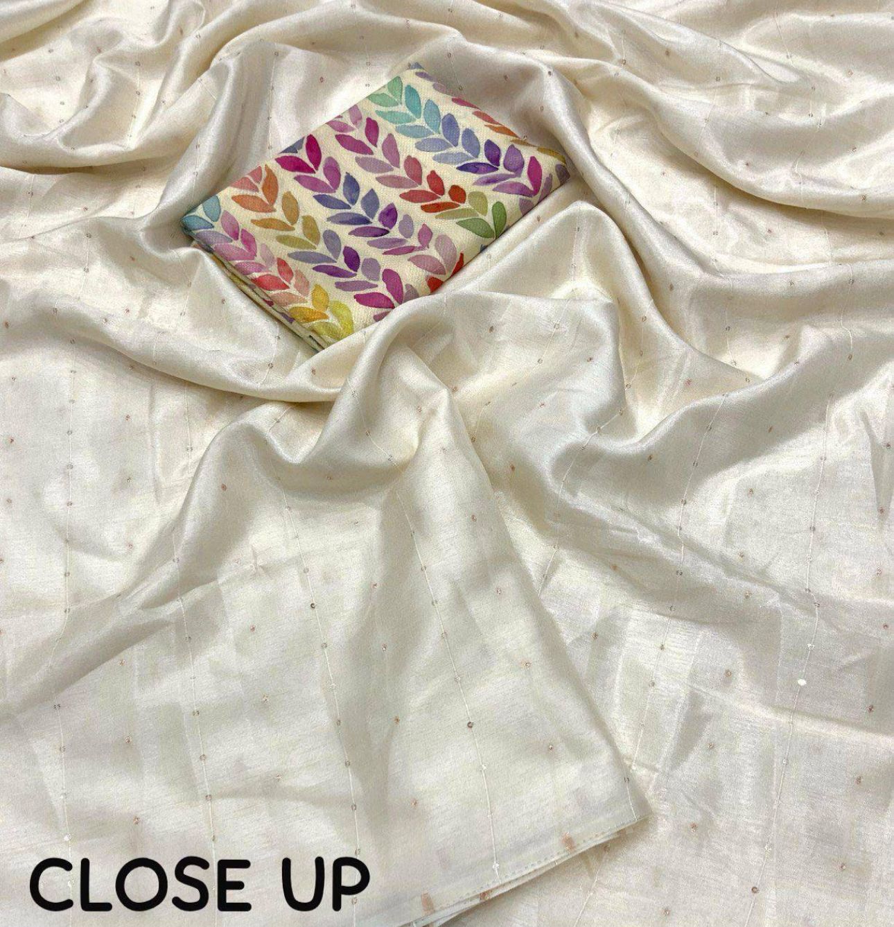 Ivory Off White Soft Cotton Linen Sequence Saree with Crape Printed Blouse in Germany