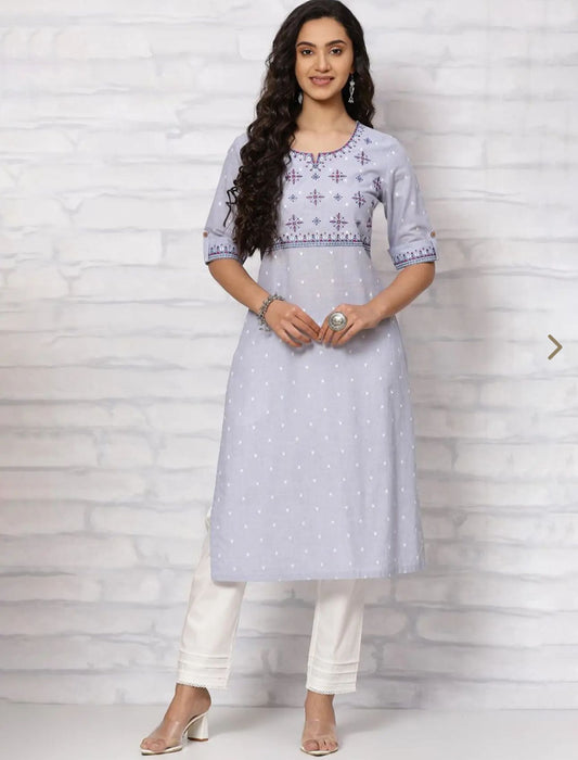 Light Blue Embroidered A-line Kurti in Berlin