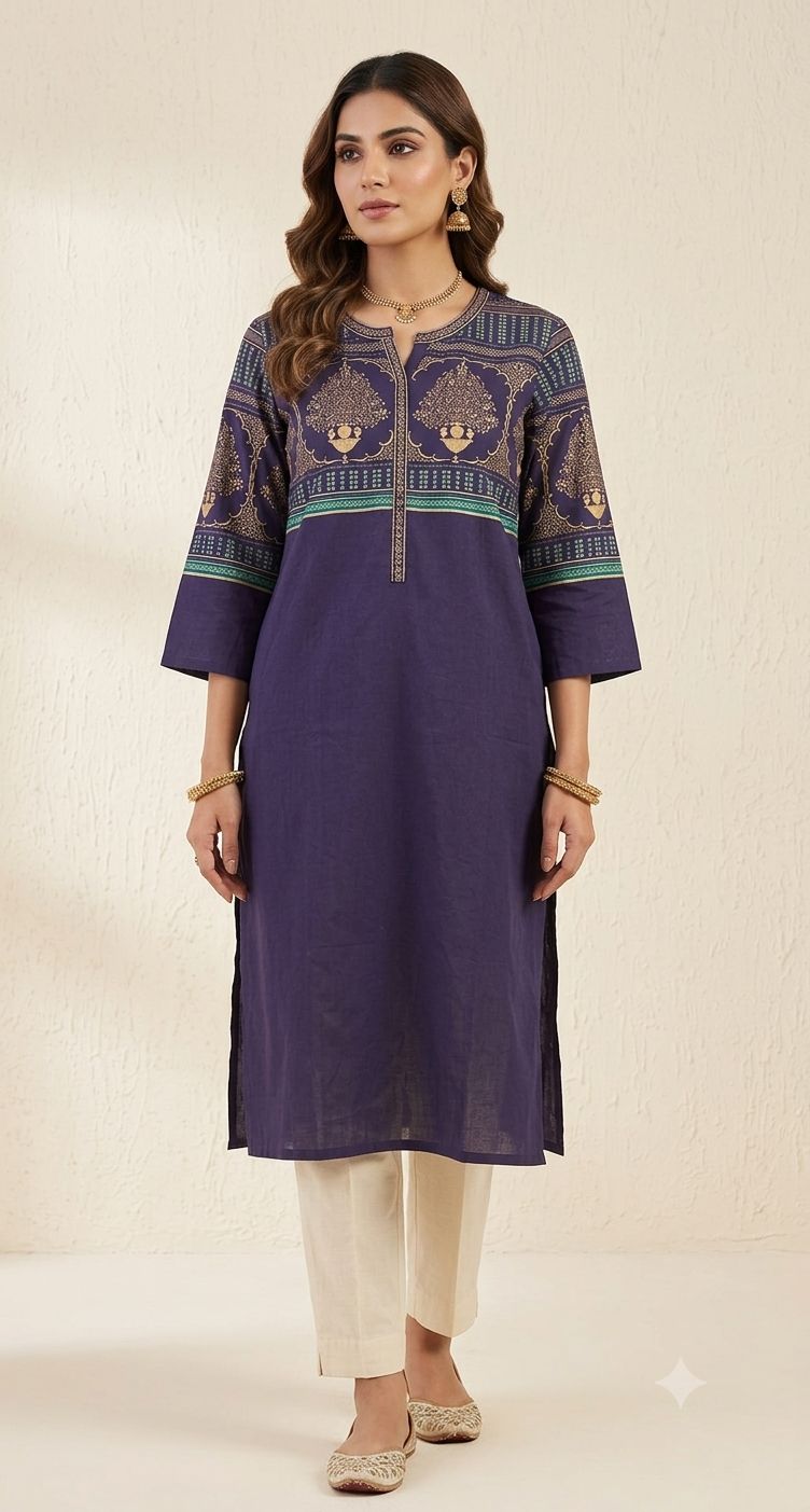 Women Navy Blue Yoke Design Straight Kurti in Germany