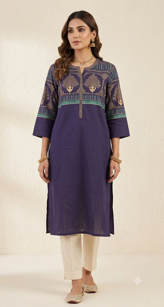 Women Navy Blue Yoke Design Straight Kurti in Germany