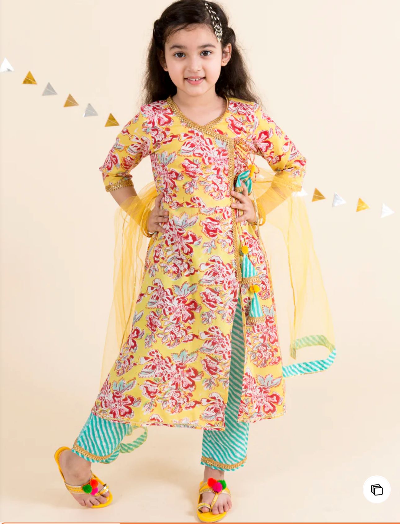 Girls Yellow Floral Print Cotton Angrakha Kurta & Pant With Dupatta in Germany