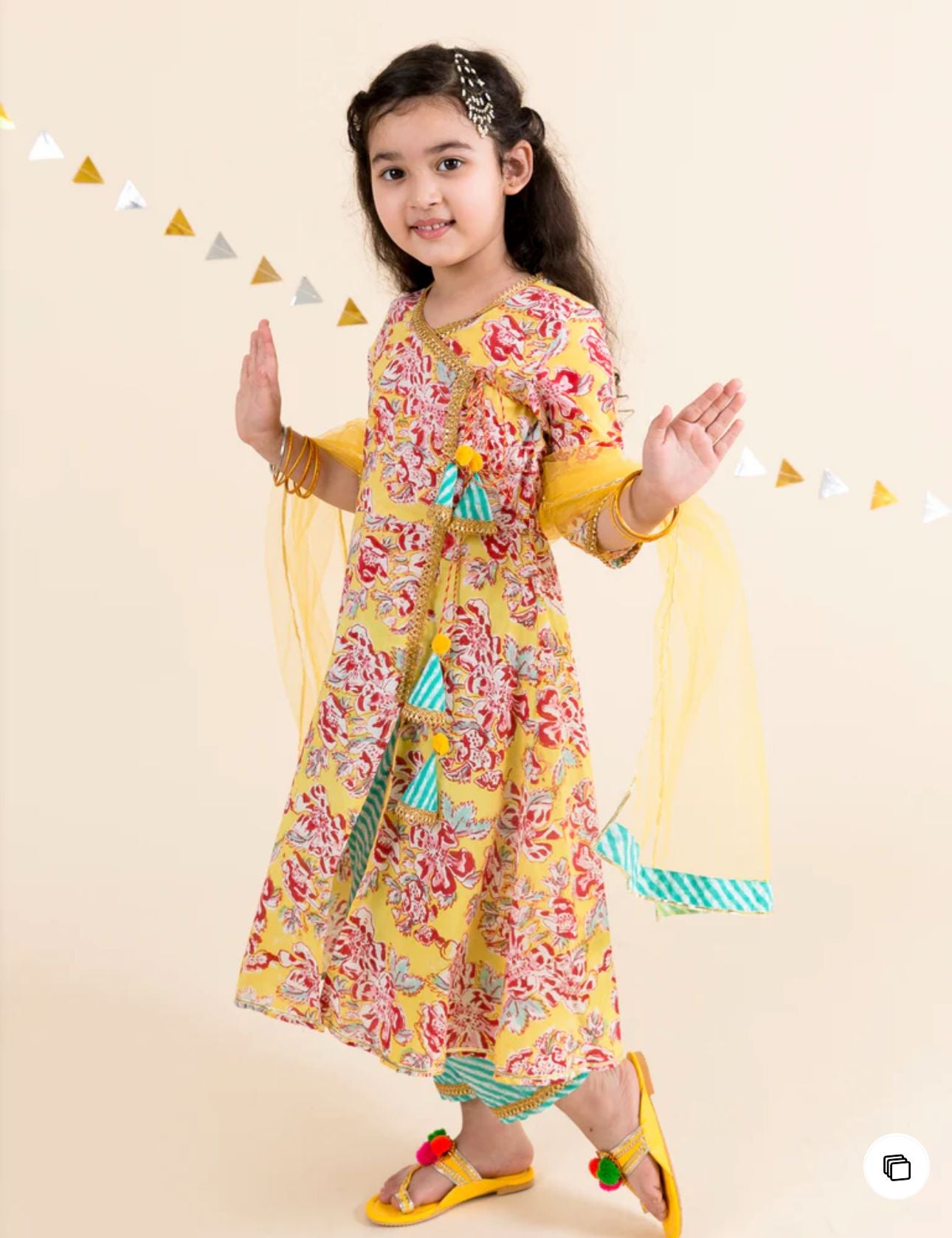 Girls Yellow Floral Print Cotton Angrakha Kurta & Pant With Dupatta in Germany