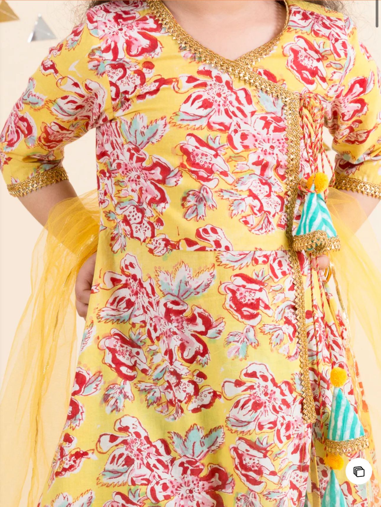 Girls Yellow Floral Print Cotton Angrakha Kurta & Pant With Dupatta in Germany