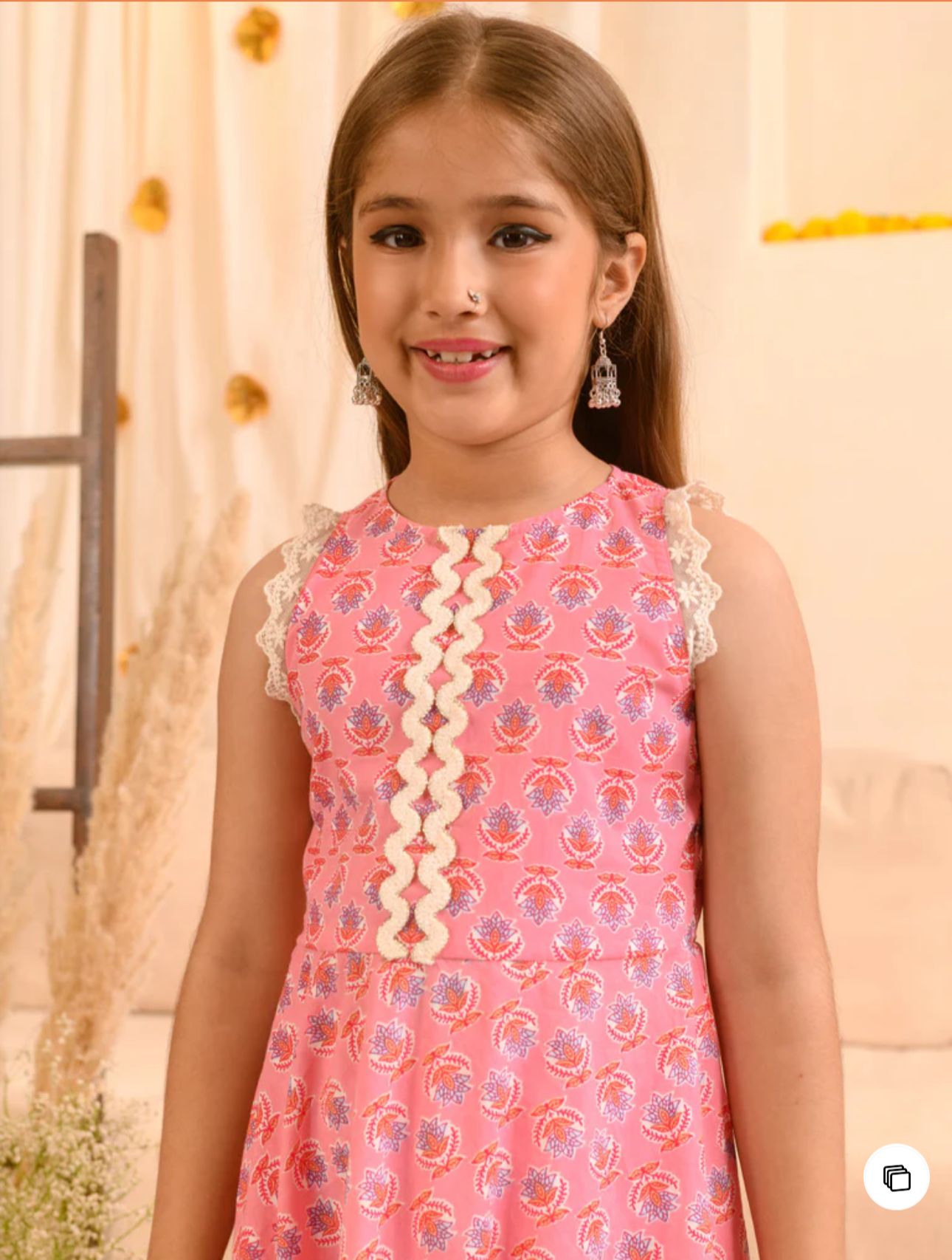 Girls Pink Floral Screen print Pure Cotton A-Line Kurta with Trousers & Dupatta in Germany