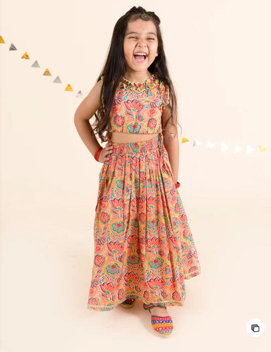 Girls Coral Floral Printed Cotton Flared Lehenga With Choli in Germany
