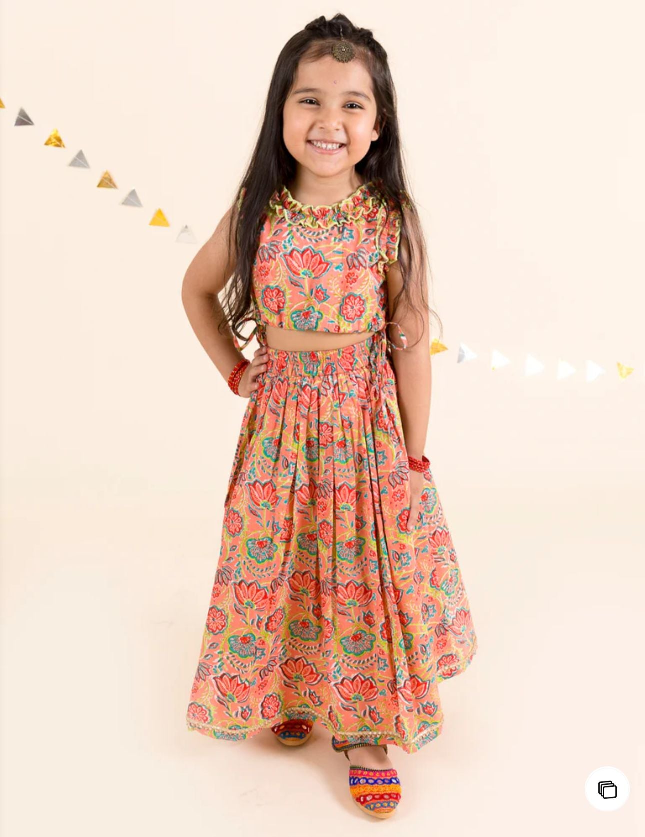 Girls Coral Floral Printed Cotton Flared Lehenga With Choli in Germany
