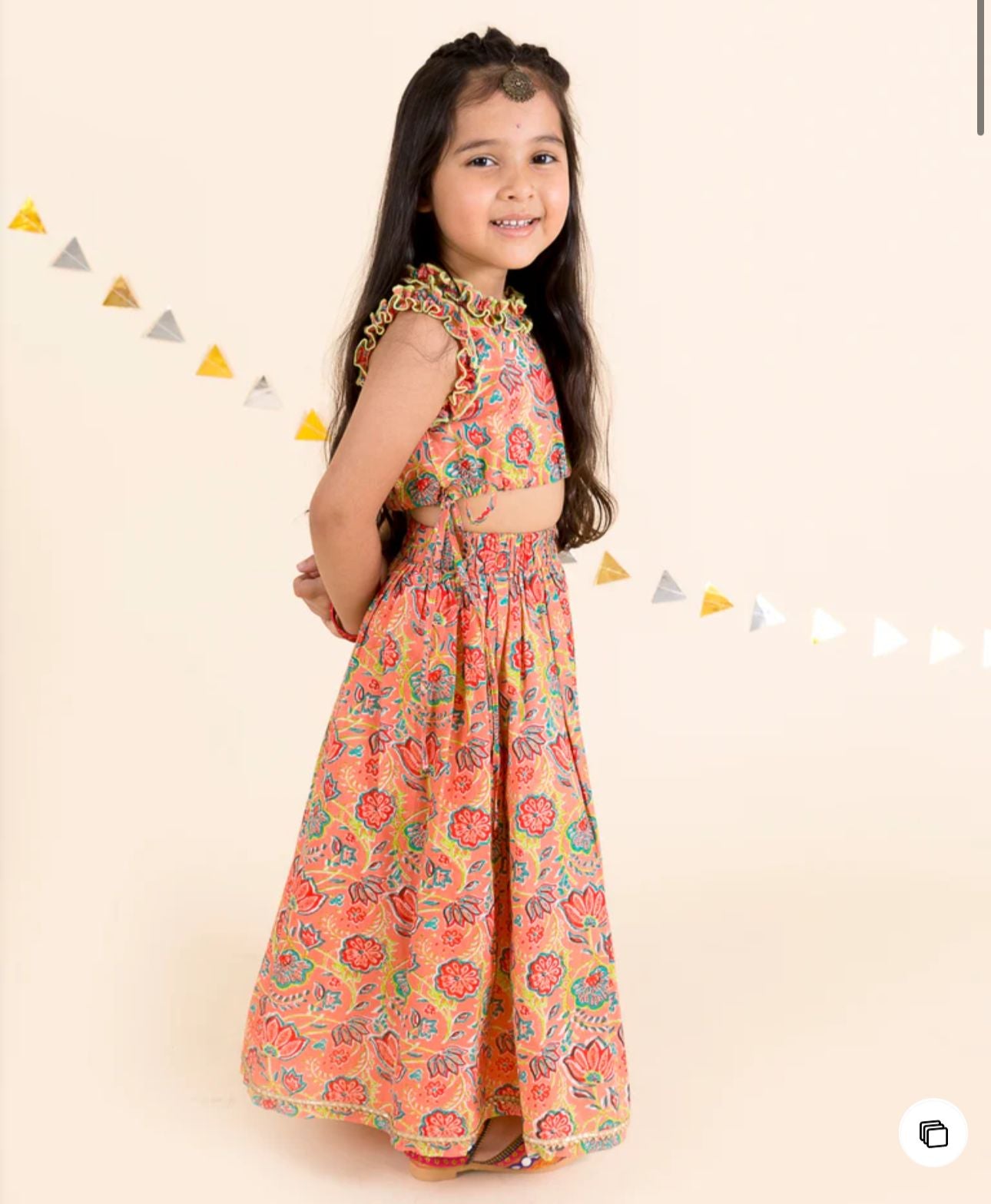 Girls Coral Floral Printed Cotton Flared Lehenga With Choli in Germany