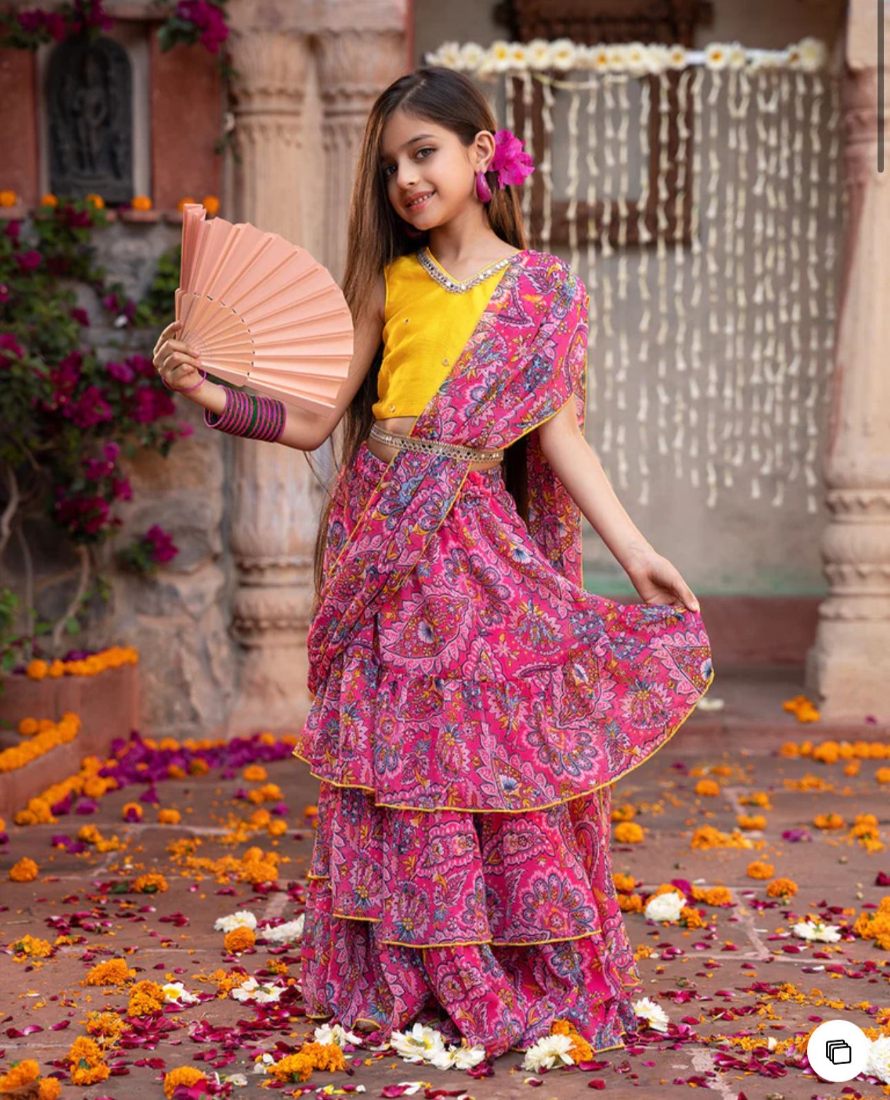 Girls Pink & Yellow Ethnic Floral Print Cotton Layerd Lehenga & Choli With Dupatta in Berlin