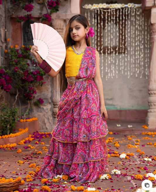 Girls Pink & Yellow Ethnic Floral Print Cotton Layerd Lehenga & Choli With Dupatta in Berlin