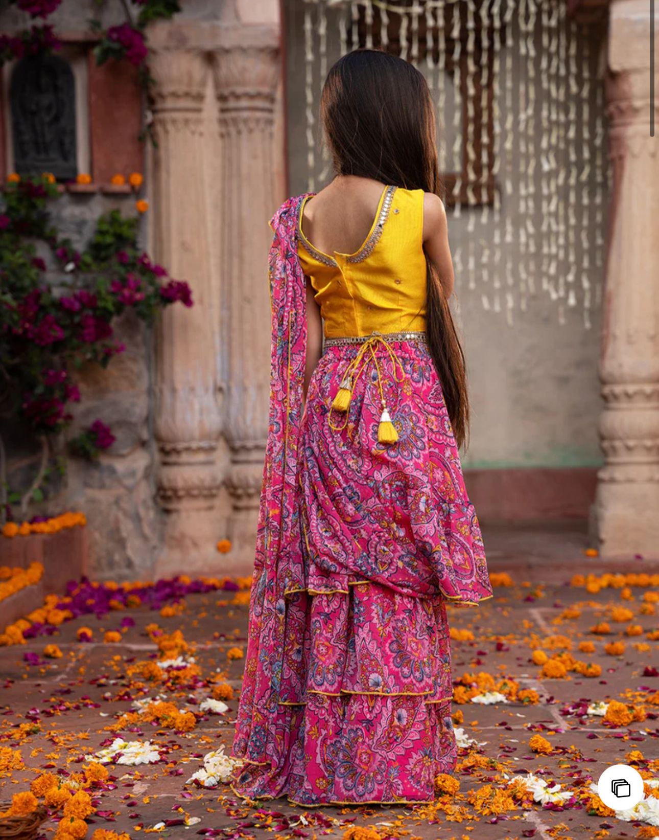 Girls Pink & Yellow Ethnic Floral Print Cotton Layerd Lehenga & Choli With Dupatta in Berlin