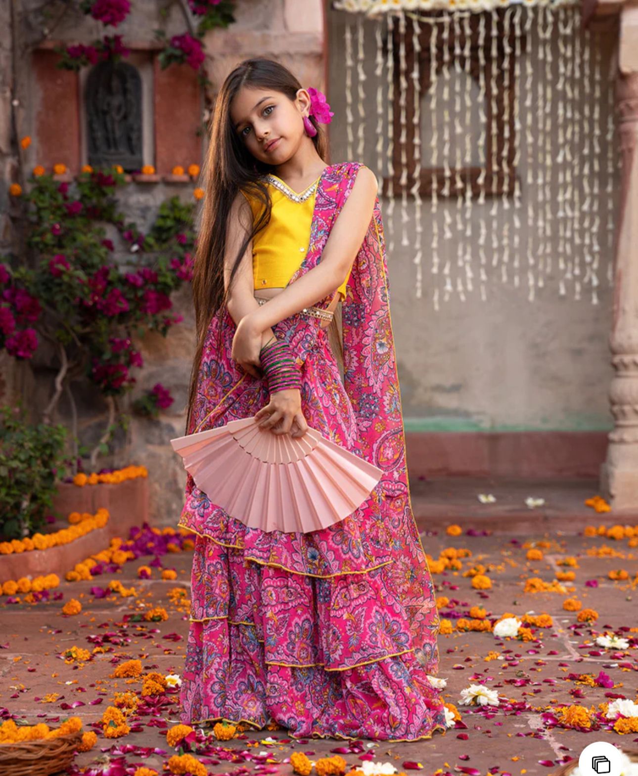 Girls Pink & Yellow Ethnic Floral Print Cotton Layerd Lehenga & Choli With Dupatta in Berlin
