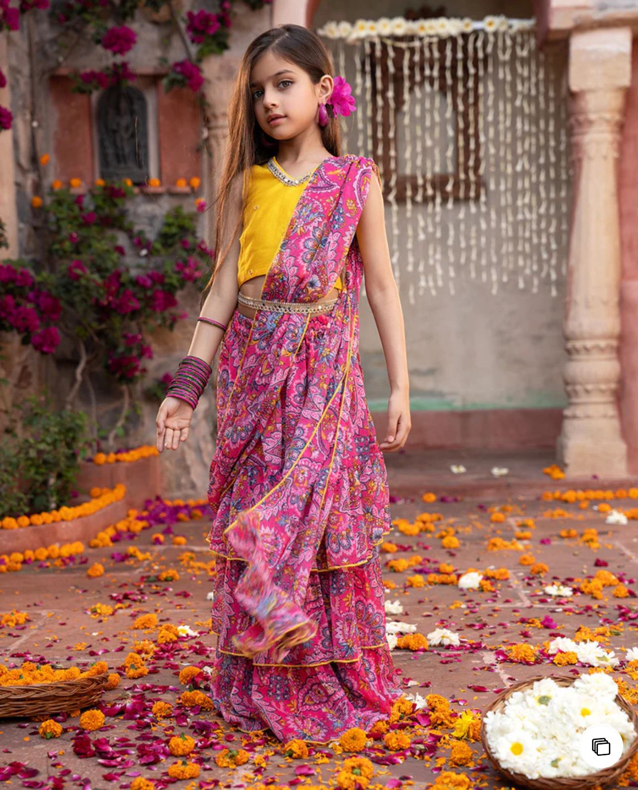 Girls Pink & Yellow Ethnic Floral Print Cotton Layerd Lehenga & Choli With Dupatta in Berlin