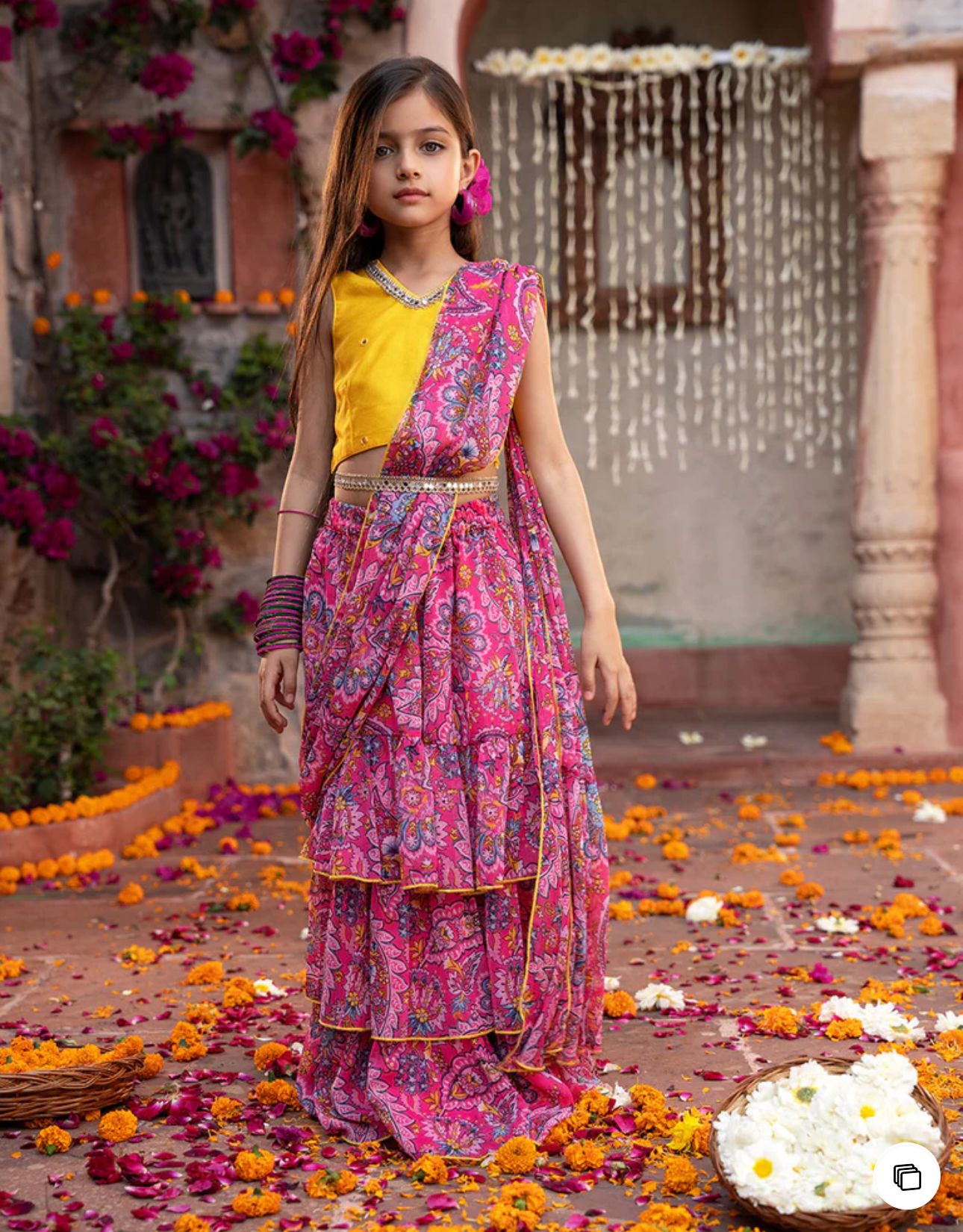 Girls Pink & Yellow Ethnic Floral Print Cotton Layerd Lehenga & Choli With Dupatta in Berlin