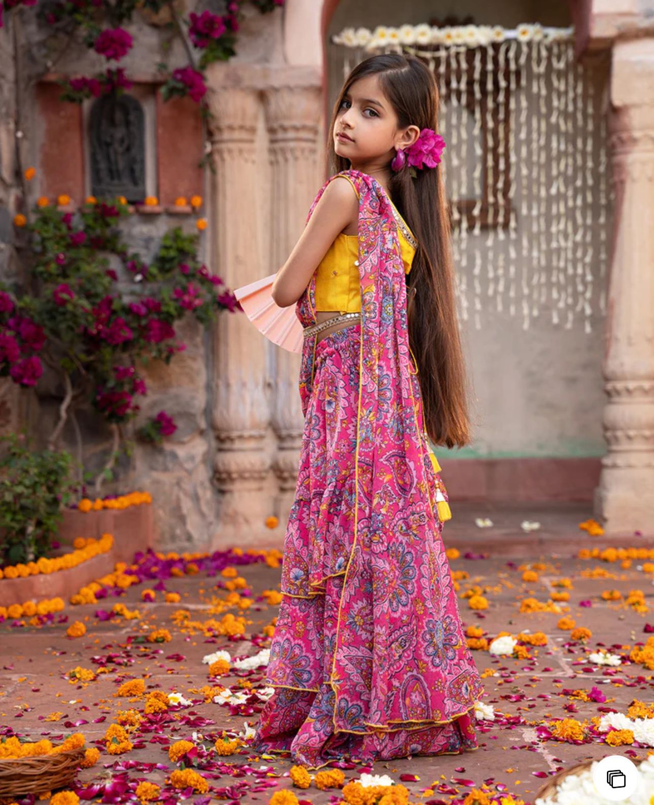 Girls Pink & Yellow Ethnic Floral Print Cotton Layerd Lehenga & Choli With Dupatta in Berlin