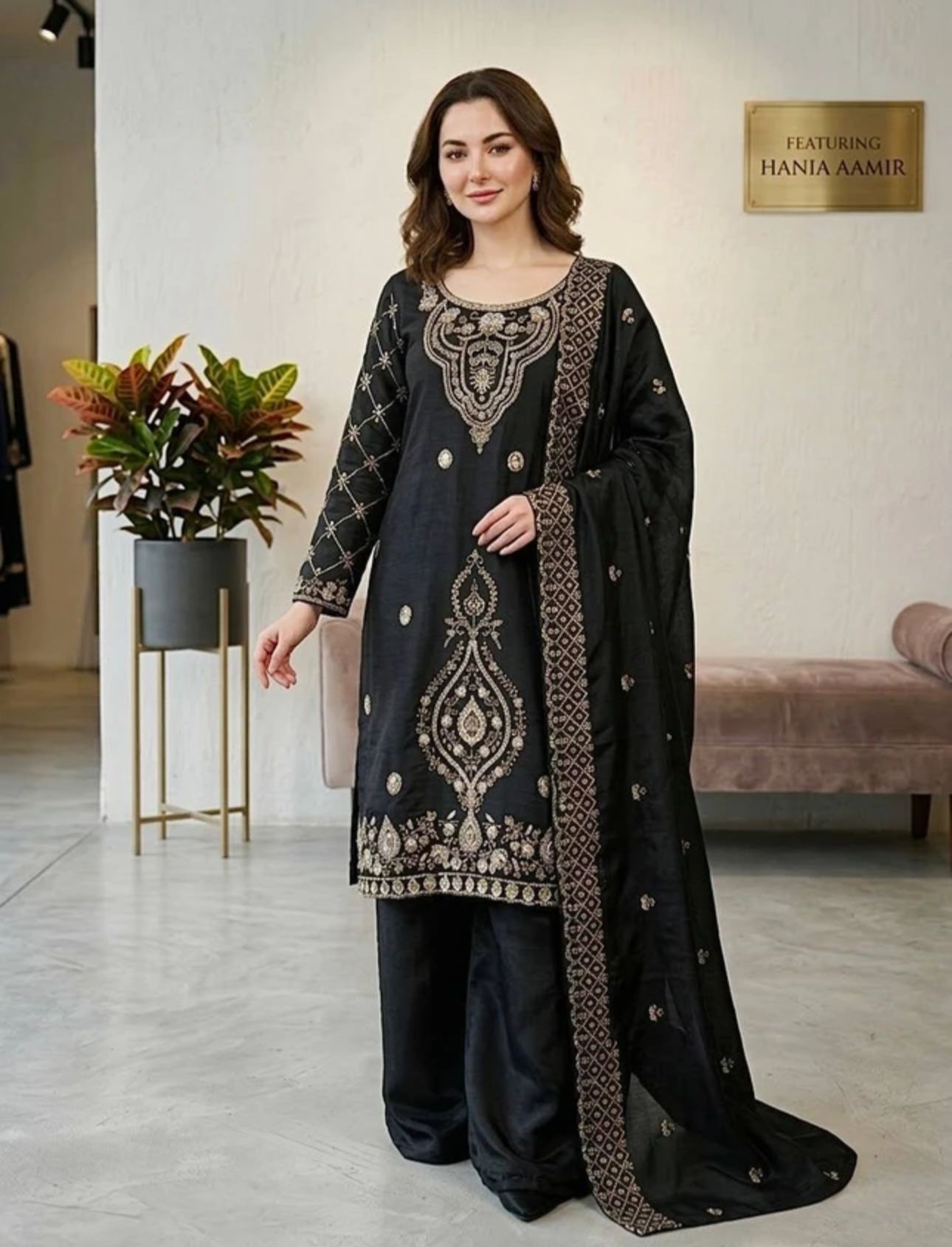 Black Women Silk Blend Kurta Palazzo Dupatta Set in Germany
