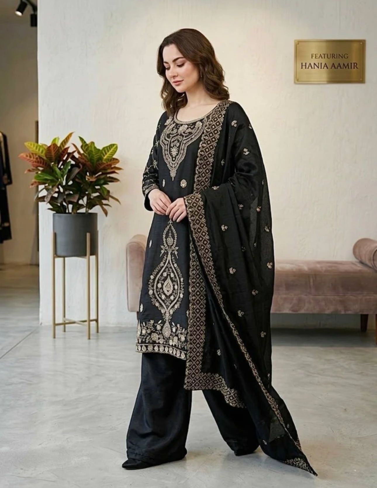 Black Women Silk Blend Kurta Palazzo Dupatta Set in Germany