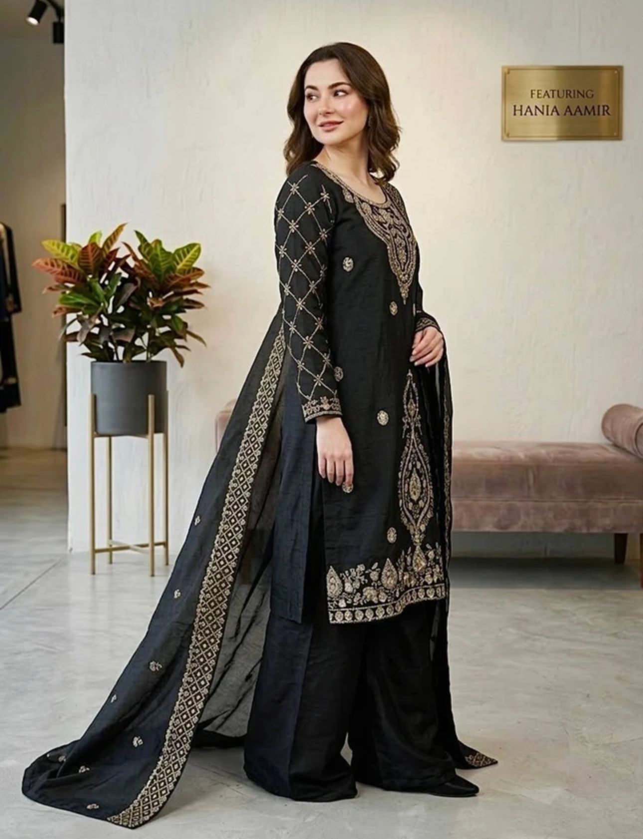Black Women Silk Blend Kurta Palazzo Dupatta Set in Germany