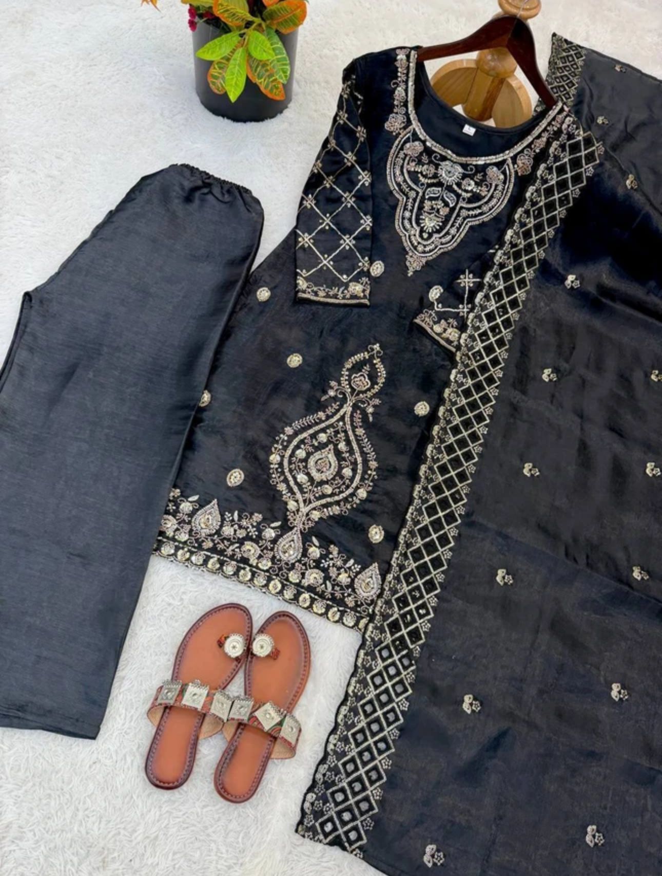 Black Women Silk Blend Kurta Palazzo Dupatta Set in Germany