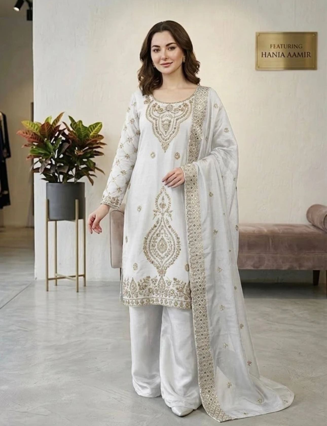 White Women Silk Blend Kurta Palazzo Dupatta Set in Germany